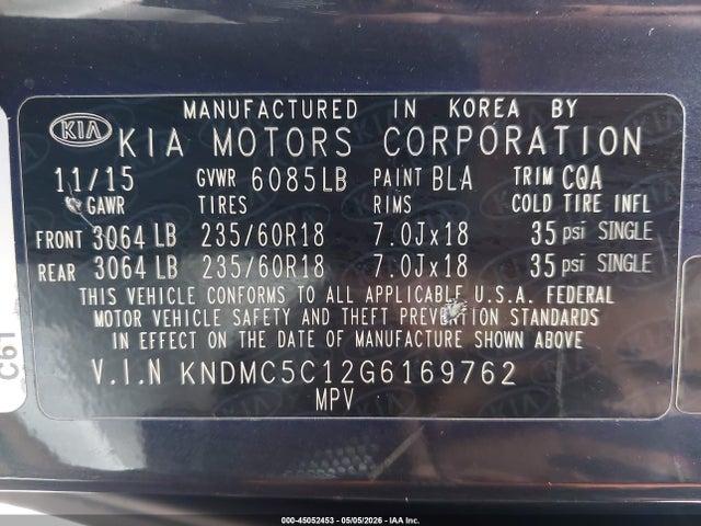 Auction sale of the 2016 Kia Sedona Sx, vin: KNDMC5C12G6169762, lot number: 45052453