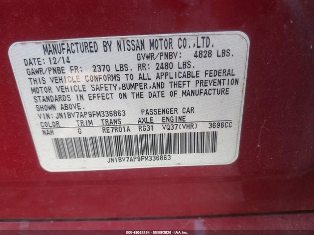 45052454 :رقم المزاد ، JN1BV7AP9FM336863 vin ، 2015 Infiniti Q50 Premium/sport مزاد بيع