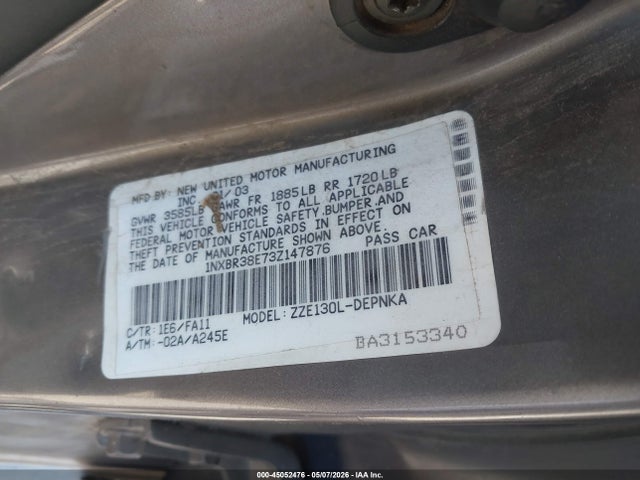 Aukcja sprzedaży 2003 Toyota Corolla Le, vin: 1NXBR38E73Z147876, numer aukcji: 45052476