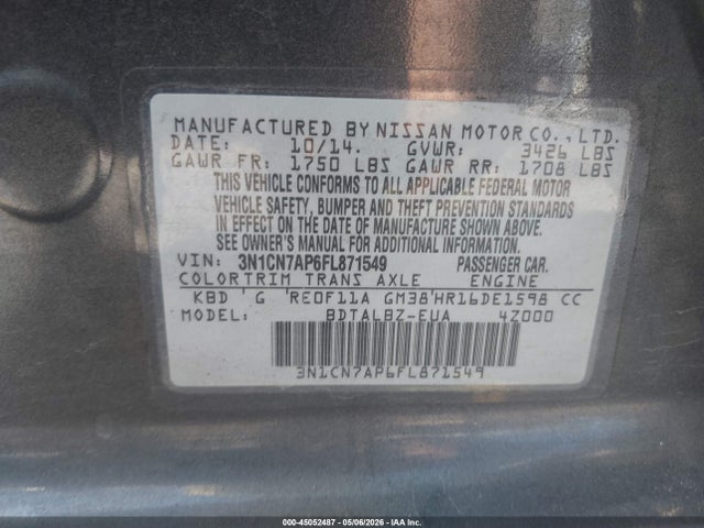 3N1CN7AP6FL871549 Nissan Versa 1.6 Sv
