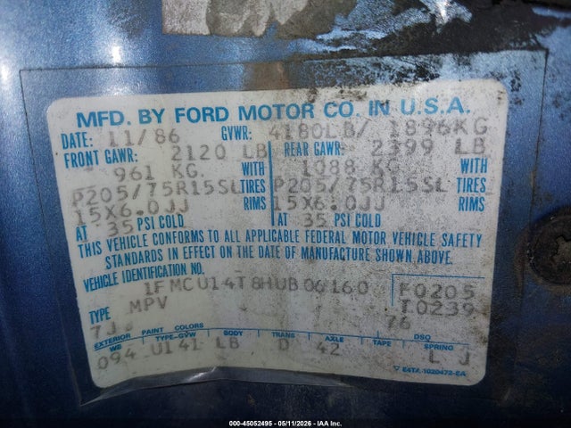 1987 Ford Bronco Ii მანქანა იყიდება აუქციონზე, vin: 1FMCU14T8HUB06160, აუქციონის ნომერი: 45052495