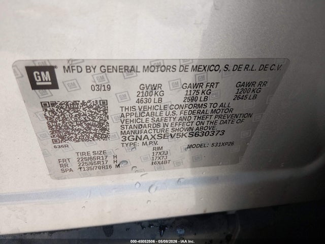 2019 Chevrolet Equinox Ls მანქანა იყიდება აუქციონზე, vin: 3GNAXSEV5KS630373, აუქციონის ნომერი: 45052506