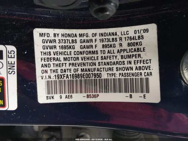 Aukcja sprzedaży 2009 Honda Civic Ex-l, vin: 19XFA16989E007950, numer aukcji: 45052509
