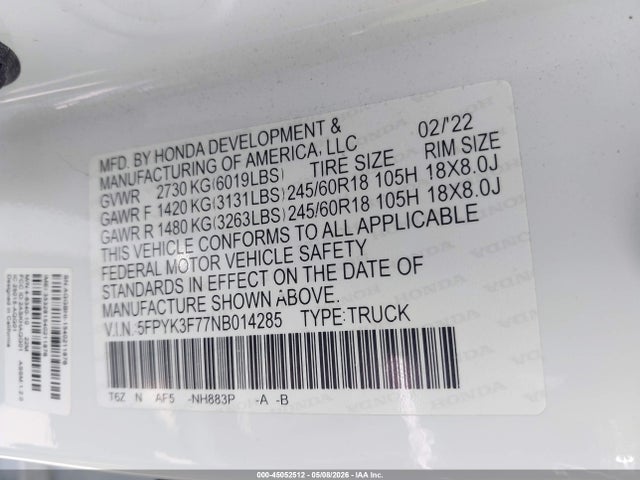 Aukcja sprzedaży 2022 Honda Ridgeline Rtl-e, vin: 5FPYK3F77NB014285, numer aukcji: 45052512