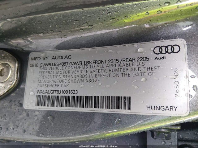 45052514 :رقم المزاد ، WAUAUGFF8J1091623 vin ، 2018 Audi A3 2.0t Premium/2.0t Tech Premium مزاد بيع