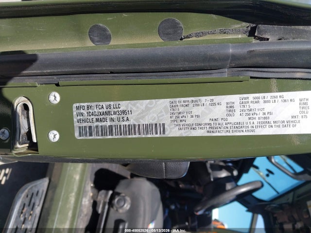 2020 Jeep Wrangler Sport S 4x4 მანქანა იყიდება აუქციონზე, vin: 1C4GJXAN8LW339511, აუქციონის ნომერი: 45052526