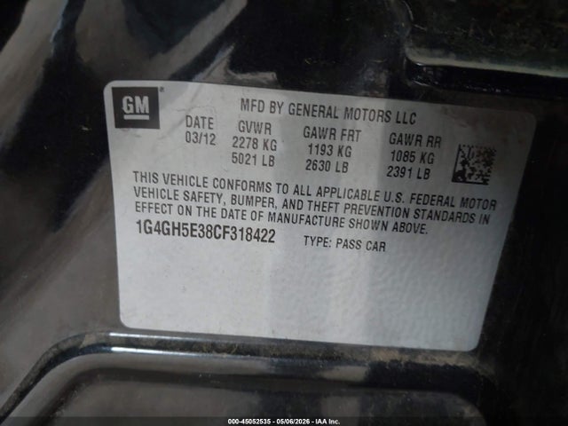 2012 Buick Lacrosse Premium 3 Group მანქანა იყიდება აუქციონზე, vin: 1G4GH5E38CF318422, აუქციონის ნომერი: 45052535