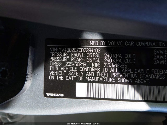 2013 Volvo Xc60 T6 მანქანა იყიდება აუქციონზე, vin: YV4902DZ0D2394103, აუქციონის ნომერი: 45052546