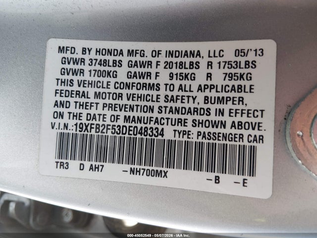 45052549 :رقم المزاد ، 19XFB2F53DE048334 vin ، 2013 Honda Civic Lx مزاد بيع