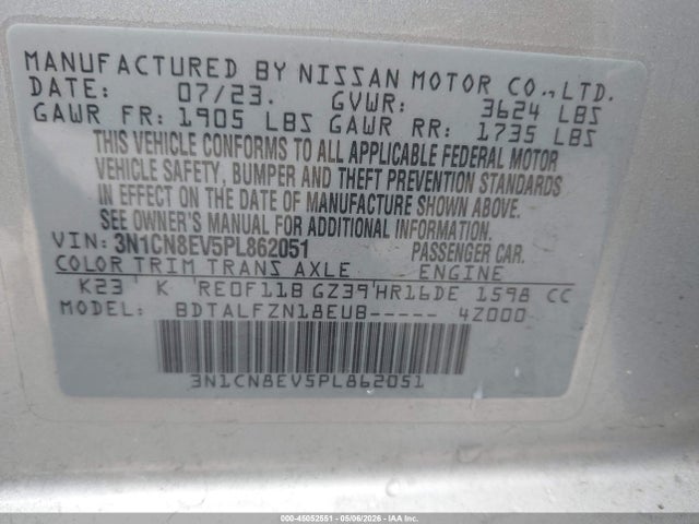 Aukcja sprzedaży 2023 Nissan Versa 1.6 Sv Xtronic Cvt, vin: 3N1CN8EV5PL862051, numer aukcji: 45052551