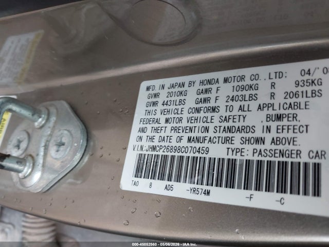 45052560 :رقم المزاد ، JHMCP26898C070459 vin ، 2008 Honda Accord 2.4 Ex-l مزاد بيع