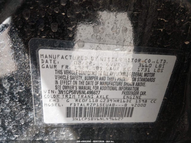 Продажа на аукционе авто 2022 Nissan Kicks S Xtronic Cvt, vin: 3N1CP5BV6NL496627, номер лота: 45052590