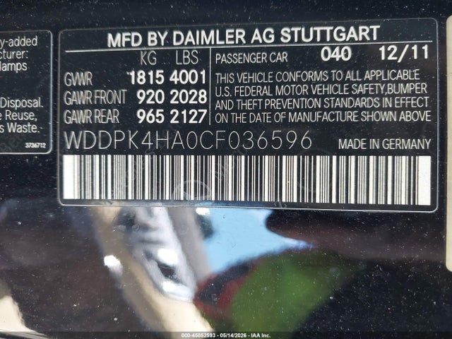Auction sale of the 2012 Mercedes-benz Slk 250, vin: WDDPK4HA0CF036596, lot number: 45052593