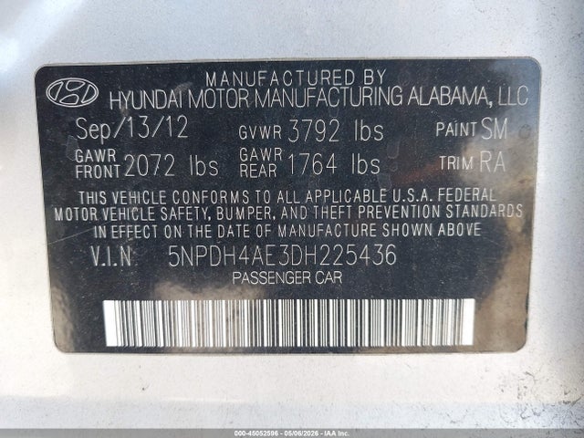 Продажа на аукционе авто 2013 Hyundai Elantra Gls, vin: 5NPDH4AE3DH225436, номер лота: 45052596