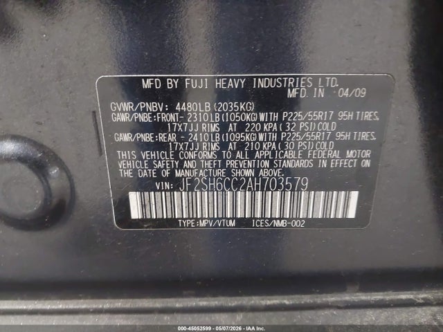 2010 Subaru Forester 2.5x Premium მანქანა იყიდება აუქციონზე, vin: JF2SH6CC2AH703579, აუქციონის ნომერი: 45052599