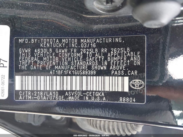 Продажа на аукционе авто 2016 Toyota Camry Xle, vin: 4T1BF1FK1GU589399, номер лота: 45052602