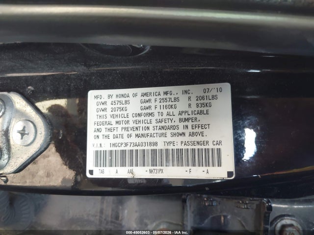 2010 Honda Accord 3.5 Ex მანქანა იყიდება აუქციონზე, vin: 1HGCP3F73AA031898, აუქციონის ნომერი: 45052603