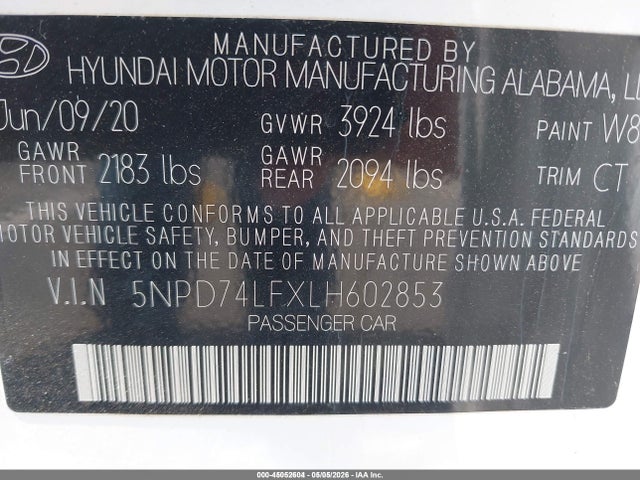 45052604 :رقم المزاد ، 5NPD74LFXLH602853 vin ، 2020 Hyundai Elantra Se مزاد بيع