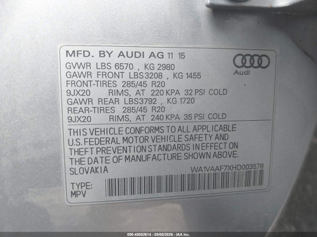 Продажа на аукционе авто 2017 Audi Q7 3.0t Premium, vin: WA1VAAF7XHD003578, номер лота: 45052614