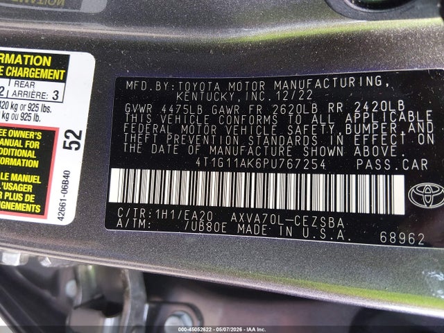 Aukcja sprzedaży 2023 Toyota Camry Se, vin: 4T1G11AK6PU767254, numer aukcji: 45052622