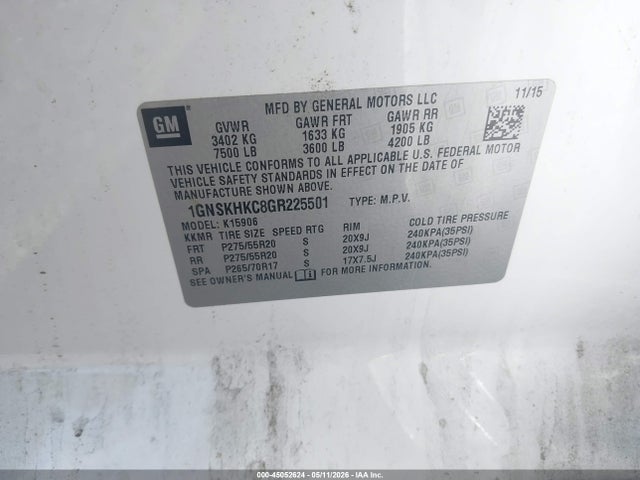 45052624 :رقم المزاد ، 1GNSKHKC8GR225501 vin ، 2016 Chevrolet Suburban Lt مزاد بيع