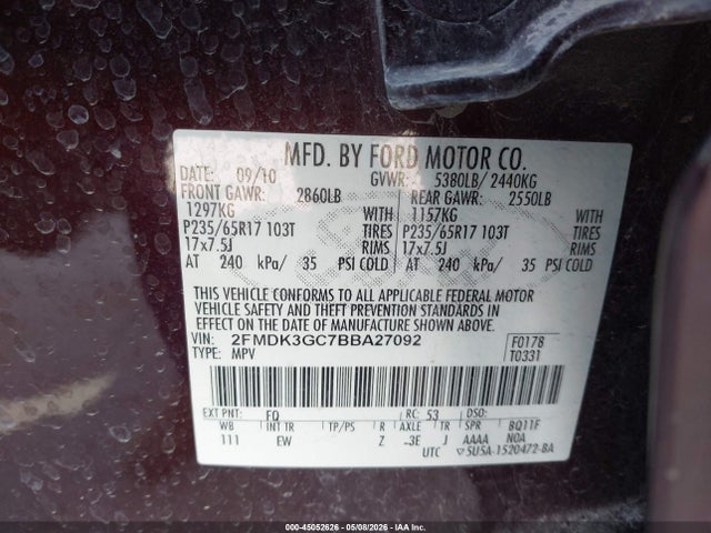 45052626 :رقم المزاد ، 2FMDK3GC7BBA27092 vin ، 2011 Ford Edge Se مزاد بيع
