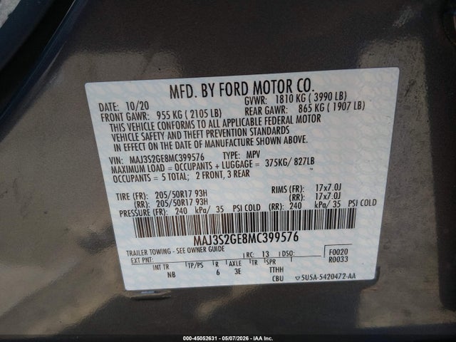 Aukcja sprzedaży 2021 Ford Ecosport Se, vin: MAJ3S2GE8MC399576, numer aukcji: 45052631
