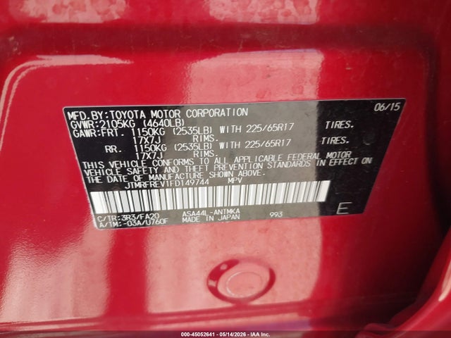 Aukcja sprzedaży 2015 Toyota Rav4 Xle, vin: JTMRFREV1FD149744, numer aukcji: 45052641