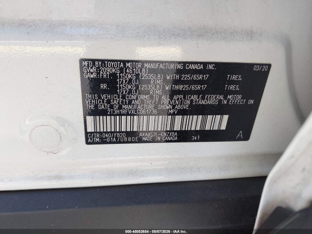 Продаж на аукціоні авто 2020 Toyota Rav4 Le, vin: 2T3H1RFVXLC061736, номер лоту: 45052654