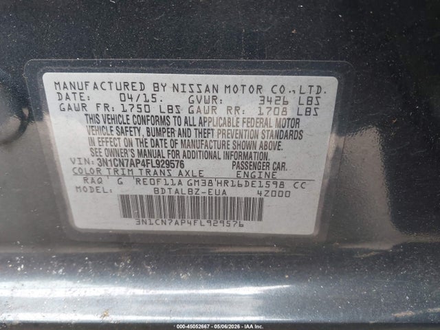 Продаж на аукціоні авто 2015 Nissan Versa 1.6 Sv, vin: 3N1CN7AP4FL929576, номер лоту: 45052667