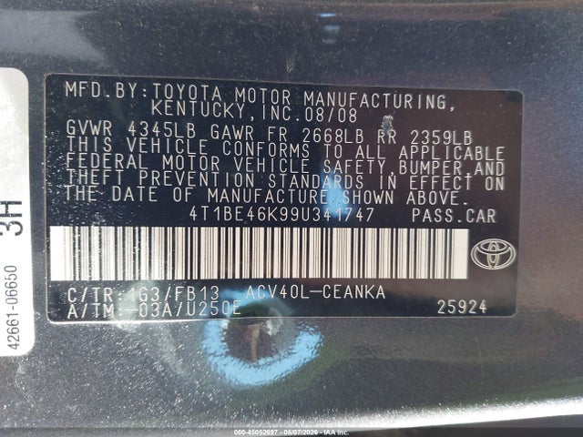 Продаж на аукціоні авто 2009 Toyota Camry Le, vin: 4T1BE46K99U341747, номер лоту: 45052697