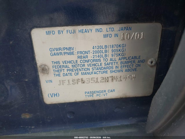 45052702 :رقم المزاد ، JF1SF63512H741494 vin ، 2002 Subaru Forester L مزاد بيع