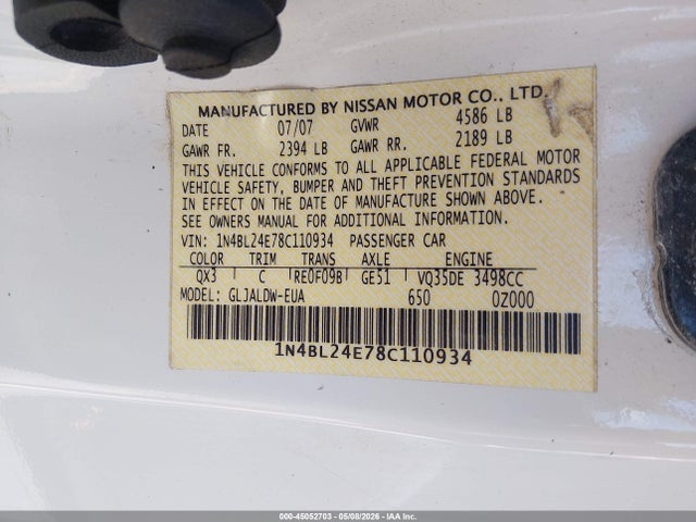 Aukcja sprzedaży 2008 Nissan Altima 3.5 Se, vin: 1N4BL24E78C110934, numer aukcji: 45052703