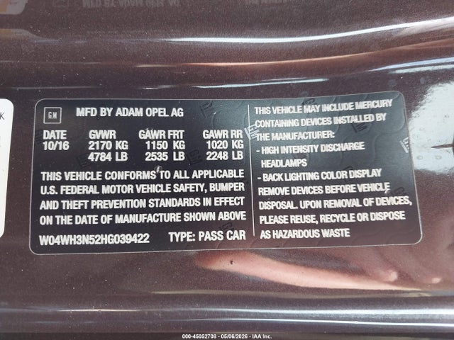 Aukcja sprzedaży 2017 Buick Cascada Premium, vin: W04WH3N52HG039422, numer aukcji: 45052708