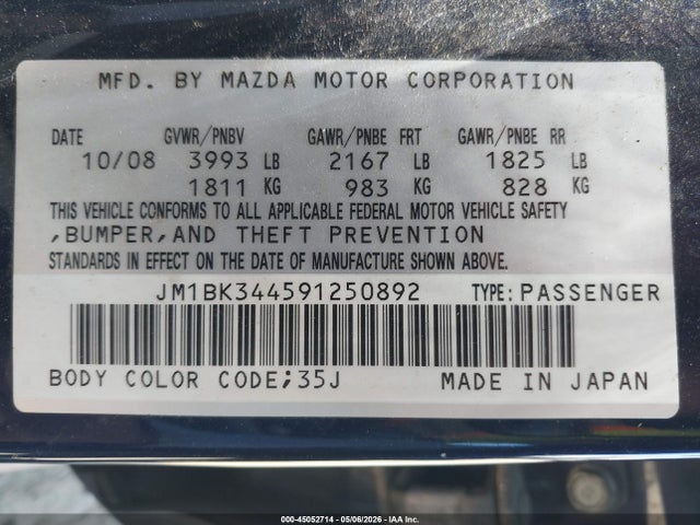 45052714 :رقم المزاد ، JM1BK344591250892 vin ، 2009 Mazda Mazda3 S Sport مزاد بيع
