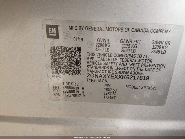 45052720 :رقم المزاد ، 2GNAXYEXXK6217819 vin ، 2019 Chevrolet Equinox Premier مزاد بيع