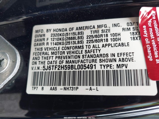 2011 Honda Accord Crosstour Ex-l მანქანა იყიდება აუქციონზე, vin: 5J6TF2H59BL005491, აუქციონის ნომერი: 45052755