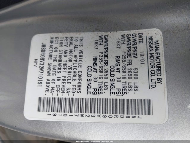 Продажа на аукционе авто 2002 Nissan Pathfinder Se, vin: JN8DR09Y32W710191, номер лота: 45052772