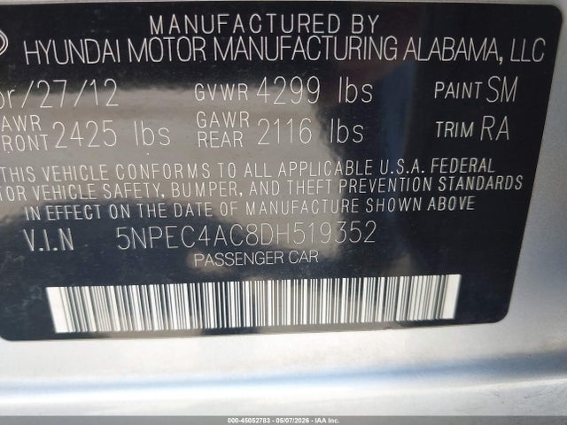 2013 Hyundai Sonata Limited მანქანა იყიდება აუქციონზე, vin: 5NPEC4AC8DH519352, აუქციონის ნომერი: 45052783