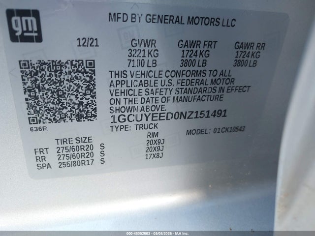 45052803 :رقم المزاد ، 1GCUYEED0NZ151491 vin ، 2022 Chevrolet Silverado 1500 Ltd 4wd  Short Bed Rst مزاد بيع