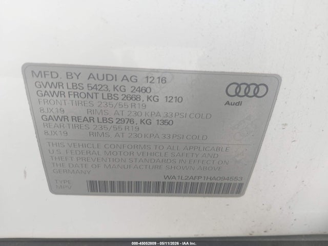 Продаж на аукціоні авто 2017 Audi Q5 2.0t Premium, vin: WA1L2AFP1HA094553, номер лоту: 45052809