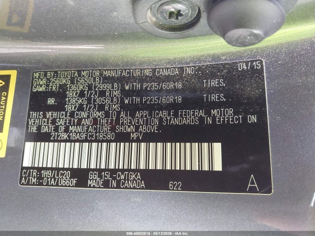 45052816 :رقم المزاد ، 2T2BK1BA9FC318580 vin ، 2015 Lexus Rx 350 مزاد بيع