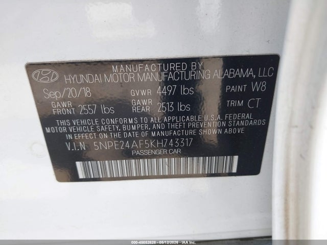 Aukcja sprzedaży 2019 Hyundai Sonata Se, vin: 5NPE24AF5KH743317, numer aukcji: 45052828