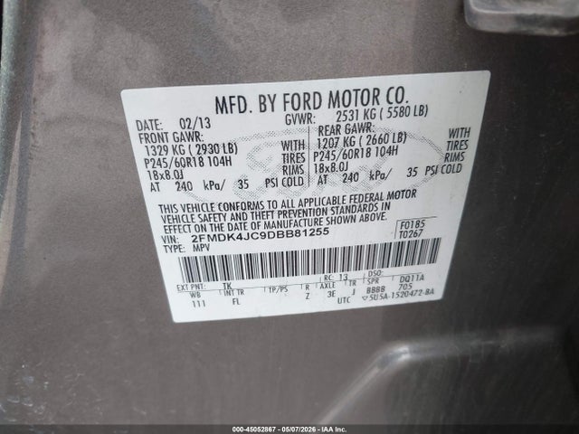 Aukcja sprzedaży 2013 Ford Edge Sel, vin: 2FMDK4JC9DBB81255, numer aukcji: 45052867