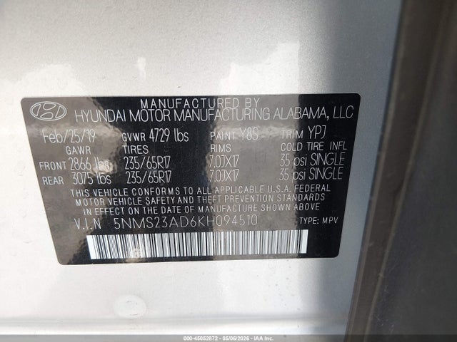 45052872 :رقم المزاد ، 5NMS23AD6KH094510 vin ، 2019 Hyundai Santa Fe Se مزاد بيع