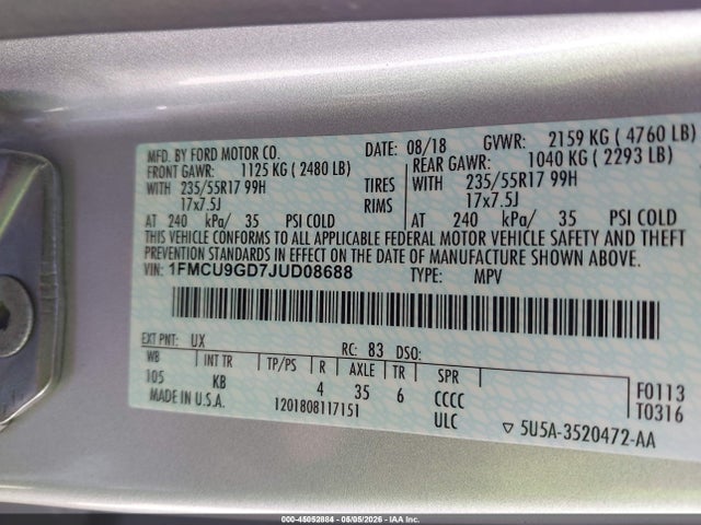 1FMCU9GD7JUD08688 Ford ESCAPE SE