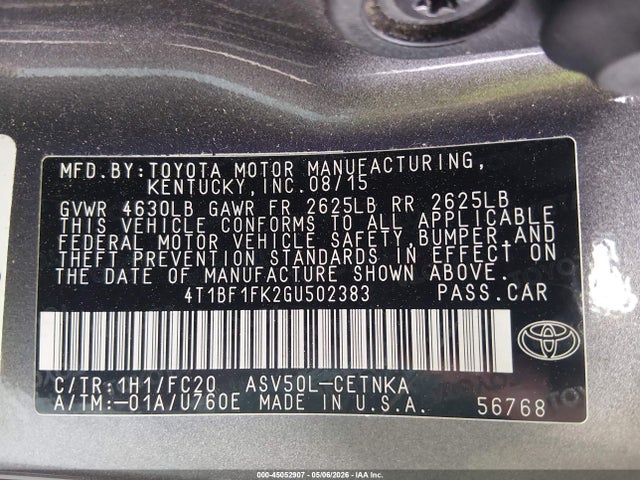 2016 Toyota Camry Le მანქანა იყიდება აუქციონზე, vin: 4T1BF1FK2GU502383, აუქციონის ნომერი: 45052907