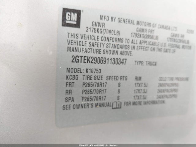 45052908 :رقم المزاد ، 2GTEK290691130347 vin ، 2009 Gmc Sierra 1500 Sle مزاد بيع