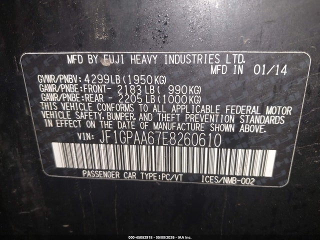 2014 Subaru Impreza 2.0i მანქანა იყიდება აუქციონზე, vin: JF1GPAA67E8260610, აუქციონის ნომერი: 45052918