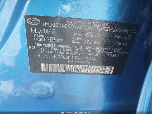 Auction sale of the 2018 Hyundai Elantra Sel, vin: 5NPD84LF8JH225174, lot number: 45052932